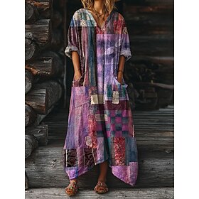 Women's Midi Dress Boho Maxi Dress A Line Dress Vacation Casual Loose Fit Graphic Geometric Abstract Long Sleeve V Neck Blue Purple Green Beige Spring Fall