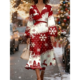 Christmas Women's Christmas Tree SnowflakeMidi Dress A Line Dress Vacation Casual Party Daily Evening Party Regular Fit Graphic Long Sleeve V Neck Wine Beige F