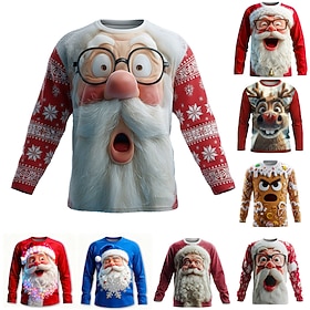 Christmas Men's Santa Claus Funny T Shirt Long Sleeve T shirt 3D Print Crew Neck Shirt Fashion Basic 3D Casual Daily Street Red 4 Blue 1# Red 5 Summer Spring C