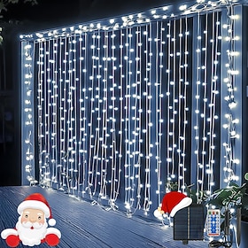 Curtain Light 10  10Ft 300 Leds 8 Function Remote Control Solar Hanging String Lights Indoor and Outdoor Waterproof Courtyard Eaves Party Wedding Festival Deco