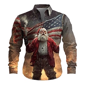 Christmas Men's Santa Claus American US Flag Shirt Button Up Shirt Long Sleeve Vintage Retro Christmas Gifts Holiday Spring Fall Turndown 3D Print Collared Shi