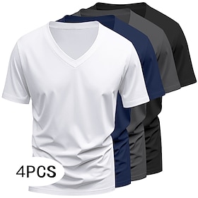 4 Piece Men's T Shirt Tee Top Short Sleeve Short Sleeves V Neck Summer All Seasons Solid Color Plain Designer Basic Modern Contemporary Multi-pack Vacation Str