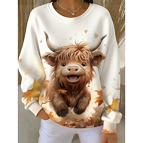 Women's Pullover Sweatshirt Graphic Cow Casual Long Sleeve Crew Neck Regular Tops Street Dailywear Casual Patchwork White Orange Brown Fall Winter
