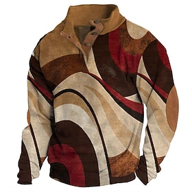 Men's Graphic Color Block Fashion Streetwear Casual Stand Collar Outdoor Vacation Going out Blue Sky Blue Brown Buttons Print Spring   Fall Designer S M L XL 2