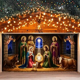 Christmas Garage Door Cover Nativity Scene 2025 Large Hanging Backdrop Religious Holiday Mural Decor Outdoor Party Shooting Background Yard Home Festive Xmas D