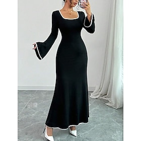Women's Maxi Dress Sheath Dress Casual Daily Regular Fit Plain Long Sleeve U Neck Black Spring Fall Winter