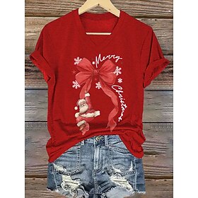Christmas Women's T Shirt Graphic Santa Claus Vintage Stylish Classic Short Sleeve V Neck Regular Tops Daily Print Black White Red Green Summer Spring Fall Win