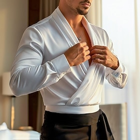 Men's Shirt Silk Like Satin Shirt Dress Shirt Casual Shirt Prom Shirt Plain Formal Wedding Black White Long Sleeve V Neck All Seasons Clothing Apparel