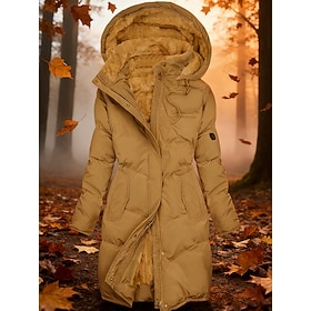 Women's Parka Warm Comfortable Zipper Pocket Casual Plain Outdoor Vacation Daily Wear Going out Long Hooded Regular Fit Long Sleeve Outerwear Black Yellow Gree