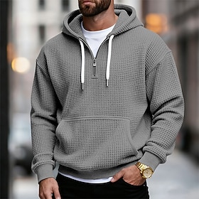 Men's Hoodie Waffle Hoodies Quarter Zip Hoodie Navy Blue Light Grey Dark Gray Light Blue Hooded Plain Kangaroo Pocket Textured Sports Outdoor Casual Daily non
