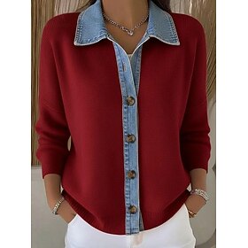 Women's Sweater Elegant Vintage Basic Turndown Shirt Collar Patchwork Long Sleeve Regular Tops Knit Outdoor Streetwear Wine Red Pink Fall Winter