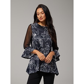 Chemisier femme noir imprimé floral en mousseline extensible manches encolure bateau décontracté confortable…: retailer-supplied image