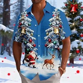 Christmas Men's Santa Claus Christmas Tree Reindeer Shirt Button Up Shirt Short Sleeve Fashion Casual Holiday Summer Spring Turndown 3D Print Collared Shirts F
