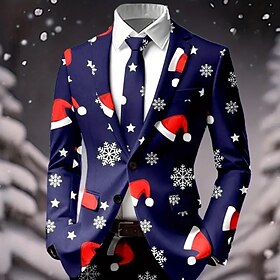 Christmas Men's Snowflake Blazer Jacket Coat Comfortable Artistic Casual Party Evening Wear Daily Festival 3D Print Buttons Fall  Winter Notch Long Sleeve Blue