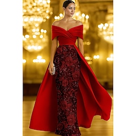 A-Line Floor Length Beaded Eembroidered Formal Dresses Mother of the Bride Dress Evening Gown Ball Gown with Overskirt Formal Dress Elegant Silky Short Sleeve