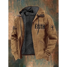 Men's Full Zip Hoodie Fleece Jacket Fleece Hoodie Black Brown Hooded Cross American Flag Faith Pocket Print Casual Daily Going out Polyester Streetwear Retro C