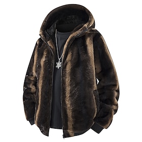 Men's Winter Jacket Fleece Jacket Faux Fur Coat Vacation Daily Thermal Warm Pocket Fleece Fall  Winter Leopard Plain Fashion Streetwear Hooded Regular Black Br