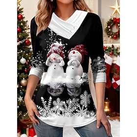 Christmas Women's T Shirt Buttons Print Asymmetrical Graphic Snowman Snowflake Stylish Casual Long Sleeve V Neck Regular Tops Daily Blue White Yellow Wine Red
