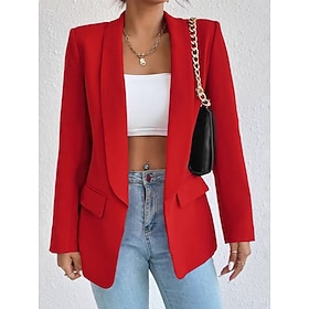 Women's Blazer Comfortable Breathable Pocket Casual Plain Office Street Casual Daily Wear Open Front Regular Turndown Regular Fit Long Sleeve Outerwear Black P