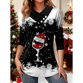Christmas Women's T Shirt Graphic Snowflake Stylish Casual Long Sleeve V Neck Regular Tops Daily Buttons Print Asymmetrical Black Red Green Fall Winter