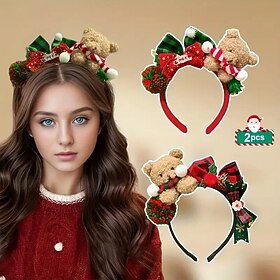 1/2PCS Christmas Plush Bear Headbands for Women, Cute Bow Decor Teddy Hairbands, Red/Green Holiday Hair Accessories for Xmas Party, Photo Props, Festival Costu
