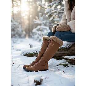 Women's Brown Lace-Up Fur Lined Boots - Knee-High Winter Boots with Warm Faux Fur Collar for Outdoor Snow and Holiday Wear