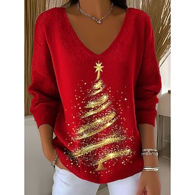 Women's Sweater Pullover Fashion Streetwear Casual Graphic Christmas Tree V Neck Oversized Knitted Long Sleeve Regular Tops Knit Outdoor Daily Black Red Spring