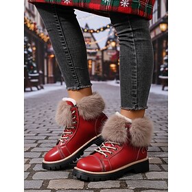Women's Red Fur Trim Ankle Boots - Warm Winter Boots with Soft Faux Fur for Outdoor Walks, Christmas Events and Casual Winter Fashion