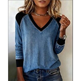 Women's Blouse Dressy Tops Patchwork Color Block Plain Elegant Vintage Ladies Long Sleeve V Neck Regular Tops Daily Work Holiday Blue Fall Winter