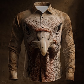 Thanksgiving Day Men's Optical Illusion Turkey Shirt Button Up Shirt Long Sleeve Vintage Retro Holiday Spring Fall Turndown 3D Print Collared Shirts Dark Brown