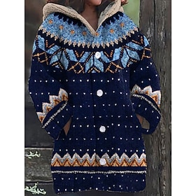 Women's Sweater Cardigan Elegant Fashion Streetwear Graphic Striped Hooded Pocket Knitted Print Long Sleeve Regular Tops Knit Outdoor Daily Weekend Navy Blue B