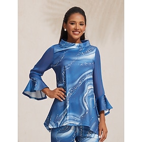 Chemisier femme bleu imprimé floral en mousseline extensible manches encolure bateau décontracté confortable…: retailer-supplied image
