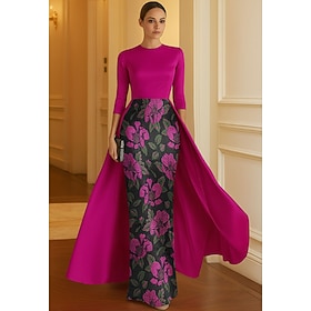 A-Line Sheath Column Floor Length Evening Gown Ball Gown with Overskirt Formal Dress Elegant Vintage Long Sleeve High Neck Wedding Formal Pocket Satin Nylon wi