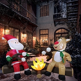 7FT Christmas Inflatable Decorations, Blowup Santa and Reindeer Roasting Marshmallows Over Campfire, Lighted Xmas Inflatable for Yard Front Door Outdoor Indoor
