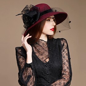 Chapeau melon/cloche 100% laine, chapeau fedora, chapeau à voile, chapeau élégant pour mariage, goûter, coiffe ornée de plumes et de fleurs