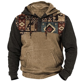 Men's Geometric Color Block Hoodie Pullover Hoodie Vacation Fashion Streetwear Stylish Hooded Outdoor Going out Brown Buttons Fall Winter Designer S M L XL 2XL