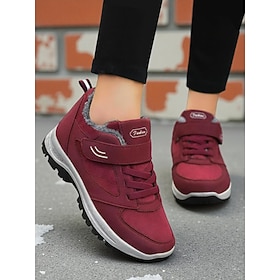 Women's Burgundy Warm Sneakers - Fleece Lined Non-Slip Winter Walking Shoes, Lightweight Casual Lace-Up Footwear for Outdoor and Travel Wear