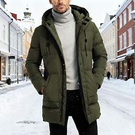 Men's Winter Coat Puffer Jacket Padded Pocket Polyster Outdoor Casual Daily Long Fashion Streetwear Casual Thermal Warm Winter Solid Color Black Army Green Gra
