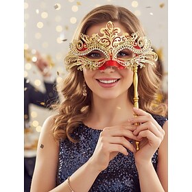 Women's Rhinestone Masquerade Mask with Handle - Elegant Gold Red Handheld Costume Mask for New Year Parties, Balls Formal Dance Events