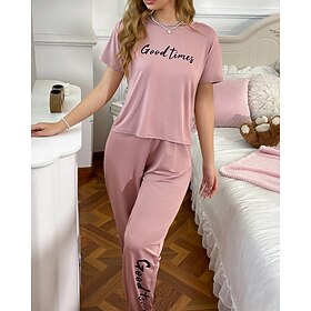 Women's Pajamas Loungewear Flannel Warm Fashion Graphic Elastic Waist Pant Home Daily Bed Short Sleeve Crew Neck Pink Summer Fall Winter Loose Fit