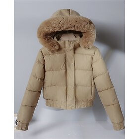 Women's Puffer Jacket Faux Fur Coat Hoodie Jacket Warm Comfortable Zipper Pocket Buttons Casual Plain Outdoor Vacation Street Holiday Short Hooded Regular Fit