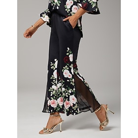 pantalon femme tissu extensible imprimé floral mousseline panneaux transparents jambe évasée taille élastique élégant…: retailer-supplied image