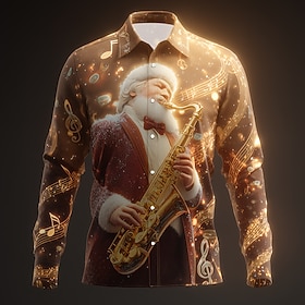 Christmas Men's Santa Claus Jazz Music Saxophone Shirt Button Up Shirt Long Sleeve Funny Christmas Gifts Holiday Spring Fall Turndown 3D Print Collared Shirts