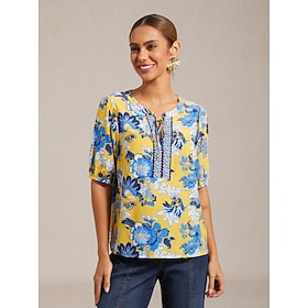 Viskose-Top mit Rundhalsausschnitt und künstlerischem Blumenmuster für den Urlaub: retailer-supplied image