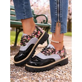 Women's 1970s Vintage Floral Platform Brogues – Retro Patent Faux Leather Lace-Up for Casual Outings, Street Style Day Wear