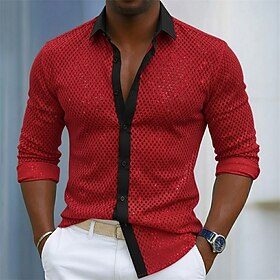 Men's Shirt Summer Shirt Casual Shirt Beach Shirt Button Up Shirt White Pink Red Long Sleeve Color Block Lapel Daily Vacation Sequins Clothing Apparel Fashion