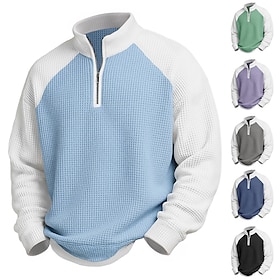 Men's Waffle Polo Shirts Polo Casual Formal Banded Collar Long Sleeve Fashion Solid Color Textured Buttons Plain Fall Winter Fall Spring Fall Regular Fit Li