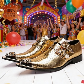 Mocassins pour hommes à double boucle imprimé serpent doré – chaussures de luxe 100 % cuir de vachette pleine fleur avec finition dorée brillante, parfaites po