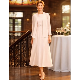 Two Piece Sheath Column Tea Length Wedding Guest Dress Mother of the Bride Dress Sleeveless Jewel Neck Elegant Plus Size Wedding Guest Formal Evening Chiffon W