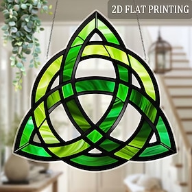 St. Patrick's Day Sun Catcher, Large Celtic Knot Window Hanging Decoration, Painted Glass Effect in Green, Gold, Black Emerald